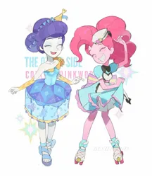 Size: 1285x1485 | Tagged: safe, artist:bilidongdong, derpibooru import, pinkie pie, rarity, human, equestria girls, bare shoulders, carousel dress, clothes, dancing, dress, duo, duo female, eyes closed, female, g4, grin, image, jpeg, open mouth, open smile, roller skates, server pinkie pie, simple background, skates, smiling, text, white background