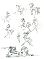 Size: 1054x1400 | Tagged: suggestive, artist:baron engel, derpibooru import, apple bloom, earth pony, pony, belly button, butt, dancing, female, g4, image, jpeg, mare, monochrome, pencil drawing, pillow, plot, traditional art