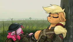 Size: 2748x1567 | Tagged: safe, artist:reddthebat, derpibooru import, applejack, pinkie pie, earth pony, pony, army helmet, duo, duo female, eyebrows, eyebrows visible through hair, eyes closed, female, floppy ears, helmet, image, jpeg, mare, redd's great war universe, sleeping, soldier