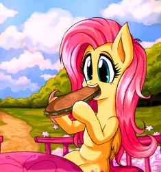 Size: 2686x2856 | Tagged: safe, derpibooru import, fluttershy, pegasus, day, eating, food, forest, image, jpeg, nature, sandwich, table, tree