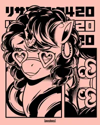 Size: 2400x3000 | Tagged: safe, artist:poxy_boxy, derpibooru import, oc, unofficial characters only, pony, bust, commission, ear piercing, earring, glasses, grin, heart shaped glasses, hooped earrings, image, jewelry, monochrome, piercing, png, smiling