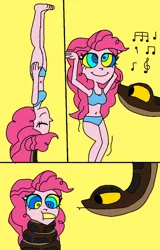 Size: 517x806 | Tagged: safe, artist:beecartoonist13, derpibooru import, pinkie pie, human, equestria girls, balancing, banana, belly dance, belly dancer, bikini, breasts, busty pinkie pie, clothes, coils, comic, cute, diapinkes, duo, female, food, g4, hypno eyes, hypno pie, hypnosis, hypnotized, image, jpeg, kaa, kaa eyes, looking at each other, looking at someone, male, mouth stuffed, music notes, singing, sleeping, swimsuit, wrapped snugly, wrapped up