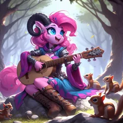 Size: 1024x1024 | Tagged: safe, ai content, derpibooru import, machine learning generated, prompter:morishy1000, pinkie pie, anthro, squirrel, tiefling, boots, clothes, ear piercing, earring, female, forest, forest background, g4, generator:dall-e 3, guitar, horn, horns, image, jewelry, jpeg, musical instrument, nature, piercing, playing instrument, rock, shoes, singing, sitting, sitting on rock, species swap, tree