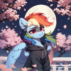 Size: 2048x2048 | Tagged: safe, ai content, derpibooru import, machine learning generated, prompter:liladash, stable diffusion, rainbow dash, pegasus, pony, artificial intelligence, cherry blossoms, clothes, ear fluff, female, flower, flower blossom, g4, generator:pony diffusion v6 xl, hoodie, image, mare, moon, night, png, sitting, solo, wing fluff, wings