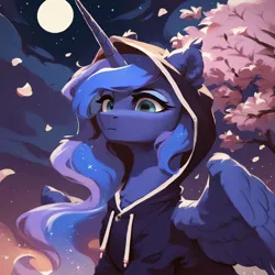 Size: 2056x2056 | Tagged: safe, ai content, derpibooru import, machine learning generated, prompter:liladash, stable diffusion, princess luna, alicorn, pony, artificial intelligence, cherry blossoms, clothes, ear fluff, flower, flower blossom, g4, generator:pony diffusion v6 xl, hoodie, horn, image, moon, night, png, solo, wing fluff, wings