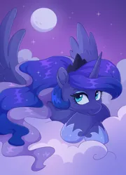 Size: 1654x2299 | Tagged: safe, artist:skysorbett, derpibooru import, princess luna, alicorn, pony, cloud, crown, cute, ethereal mane, eyeshadow, female, full moon, g4, image, jewelry, looking at you, lying down, makeup, mare, moon, night, png, regalia, sky, smiling, smiling at you, solo, starry mane, stars, wavy mane, wings