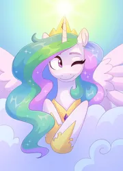 Size: 1654x2299 | Tagged: safe, artist:skysorbett, derpibooru import, princess celestia, alicorn, pony, cloud, crown, cute, ethereal mane, female, g4, image, jewelry, mare, one eye closed, png, regalia, sky, smiling, solo, starry mane, wavy mane, wings