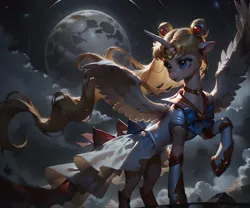 Size: 2080x1728 | Tagged: safe, ai content, anonymous prompter, derpibooru import, machine learning generated, stable diffusion, alicorn, alicornified, clothes, generator:pony diffusion v6 xl, image, moon, night, png, race swap, sailor moon (series), sailor uniform, tsukino usagi, uniform