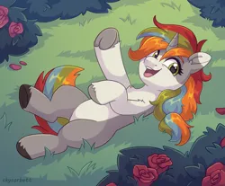 Size: 2455x2035 | Tagged: safe, artist:skysorbett, derpibooru import, oc, unofficial characters only, pony, unicorn, bush, chest fluff, female, filly, flower, foal, frog (hoof), grass, hooves, horn, image, looking at you, lying down, multicolored mane, png, raised hoof, rose, smiling, smiling at you, solo, two toned coat, underhoof