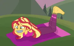 Size: 2500x1552 | Tagged: safe, artist:nie-martw-sie-o-mnie, derpibooru import, sunset shimmer, human, equestria girls, wake up!, spoiler:eqg series (season 2), barefoot, bondage, bound and gagged, clothes, feet, female, g4, gag, image, my little pony equestria girls: choose your own ending, pants, png, rope, rope bondage, solo, tape, tape gag, tied up, wake up!: rainbow dash, yoga mat, yoga pants