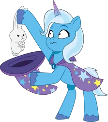 Size: 1124x1260 | Tagged: safe, artist:prixy05, derpibooru import, angel bunny, trixie, pony, rabbit, unicorn, g5, my little pony: tell your tale, animal, bunny out of the hat, cape, clothes, female, g4, g4 to g5, generation leap, hat, horn, image, magic trick, male, mare, png, simple background, transparent background, trixie's cape, trixie's hat, vector