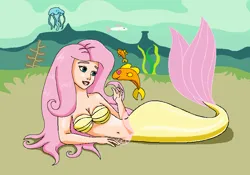 Size: 851x597 | Tagged: safe, artist:ocean lover, derpibooru import, fluttershy, fish, human, mermaid, beautiful, belly, belly button, blue eyes, bra, clothes, coral, curvy, cute, fins, fish tail, flutterbeautiful, heart, heart eyes, hourglass figure, human coloration, humanized, image, kindness, light skin, long hair, looking at each other, looking at someone, lying down, mermaid tail, mermaidized, mermay, midriff, ms paint, ocean, pink hair, png, pretty, sand, seashell, seashell bra, seaweed, shyabetes, smiling, species swap, tail, tail fin, teal eyes, underwater, underwear, water, wingding eyes, yellow tail