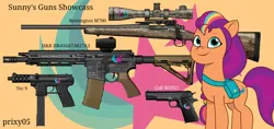 Size: 2280x1080 | Tagged: safe, artist:edy_january, artist:prixy05, derpibooru import, sunny starscout, earth pony, pony, g5, my little pony: tell your tale, ar15, armory, arsenal, assault rifle, collection, cutie mark, cutie mark background, gun, handgun, hk416, hunting rifle, image, m1911, pistol, png, remington 700, rifle, showcase, simple background, sniper, sniper rifle, solo, submachinegun, sunny starscout's cutie mark, tec 9, vector used, weapon