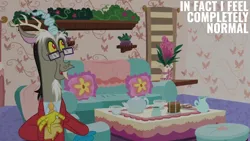 Size: 2000x1125 | Tagged: safe, derpibooru import, edit, edited screencap, editor:quoterific, screencap, discord, discordant harmony, couch, cup, discord's house, flower, food, g4, glasses, image, png, sandwich, solo, teacup, teapot