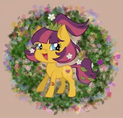 Size: 2193x2100 | Tagged: safe, artist:elmer157typhlosion, ponerpics import, ponybooru import, earth pony, pony, bandaid, female, flower, flower in hair, heart, image, jpeg, leaf, looking at you, maggie joy, mare, open mouth, open smile, side view, smiling, smiling at you, solo, turned head