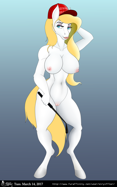 Size: 2623x4176 | Tagged: explicit, artist:yiffler, oc, oc:aryanne, unofficial characters only, anthro, earth pony, unguligrade anthro, baseball cap, bedroom eyes, belly button, big breasts, breasts, cap, earth pony oc, female, gradient background, hat, hoers, image, make america great again, missing cutie mark, nipples, nudity, png, solo, tail, text, thighs, thunder thighs, vulva, whip, wide hips