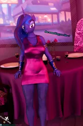 Size: 2365x3576 | Tagged: safe, artist:royalsimp, derpibooru import, princess luna, alicorn, anthro, alcohol, bracer, candle, chair, clothes, dinner, dress, female, fishnet clothing, flower, glass, horn, image, my little pony, png, rose, solo, solo female, table, tablecloth, text, window, wine