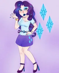 Size: 826x1029 | Tagged: safe, artist:burbernoodle, derpibooru import, rarity, human, belt, bracelet, clothes, eyeshadow, female, high heels, humanized, image, jewelry, jpeg, lipstick, makeup, nail polish, purple background, shirt, shoes, simple background, skirt, solo, t-shirt