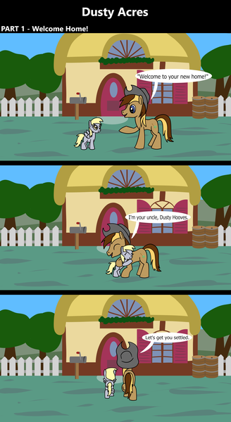 Size: 1920x3516 | Tagged: safe, artist:platinumdrop, derpibooru import, derpy hooves, oc, oc:dusty hooves, pony, comic:dusty acres, 3 panel comic, blank flank, comic, commission, farm, female, filly, foal, greeting, happy, house, hug, image, png, smiling, speech bubble, talking, younger