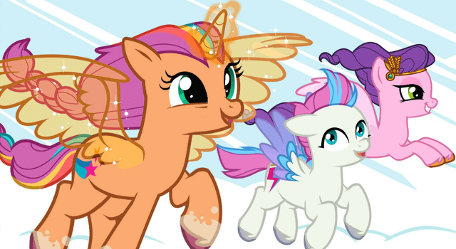 Size: 640x350 | Tagged: safe, artist:frankly_hopeless, derpibooru import, pipp petals, sunny starscout, zipp storm, alicorn, pegasus, pony, g5, my little pony: a new generation, my little pony: tell your tale, spoiler:g5, spoiler:my little pony: tell your tale, spoiler:tyts02e12, artificial horn, artificial wings, augmented, cloud, coat markings, colored wings, crown, female, flying, g4, g5 to g4, generation leap, happy, image, jewelry, lidded eyes, magic, magic aura, mane stripe sunny, multicolored wings, open mouth, open smile, png, race swap, regalia, scene interpretation, smiling, socks (coat marking), sunnycorn, trio, trio female, where the rainbows are made, wings