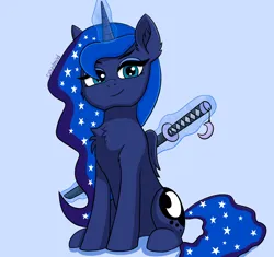 Size: 2300x2160 | Tagged: safe, artist:cloudmild, derpibooru import, princess luna, alicorn, pony, blue background, cute, ethereal mane, eyeshadow, female, fluffy, g4, image, katana, looking at you, magic, makeup, mare, png, simple background, sitting, smiling, solo, sword, telekinesis, weapon