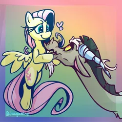 Size: 2048x2048 | Tagged: safe, artist:jazgablob, derpibooru import, discord, fluttershy, abstract background, discoshy, duo, duo male and female, female, flying, gradient background, heart, horns down, image, jpeg, looking at each other, looking at someone, looking up, male, shipping, signature, straight