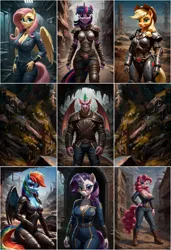 Size: 3331x4864 | Tagged: safe, ai content, derpibooru import, machine learning generated, part of a set, prompter:lunarusnexus, stable diffusion, applejack, fluttershy, pinkie pie, rainbow dash, rarity, spike, twilight sparkle, anthro, dragon, earth pony, pegasus, plantigrade anthro, unicorn, fallout equestria, absurd resolution, alternate universe, breasts, cleavage, clothes, female, g4, horn, image, male, mane six, png, preview, raider armor, vault suit