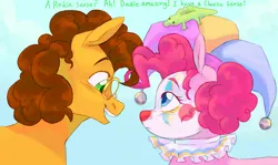 Size: 1610x959 | Tagged: safe, artist:abbytabbys, derpibooru import, gummy, pinkie pie, crocodile, earth pony, pony, alternate universe, blue eyes, blushing, clown makeup, colored, colored eyebrows, colt, colt cheese sandwich, curly mane, day, dialogue, duo focus, ear fluff, eyebrows, facing each other, female, filly, filly pinkie pie, floppy ears, foal, frown, g4, glasses, green eyes, green text, hat, height difference, image, implied cheesepie, implied shipping, implied straight, jester hat, jpeg, looking at each other, looking at someone, male, open mouth, open smile, orange coat, outdoors, profile, raised eyebrow, round glasses, ruffles, shiny mane, short mane, sky background, smiling, talking, tall ears, teeth, text, trio, younger