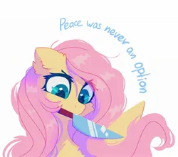 Size: 2174x1918 | Tagged: safe, artist:mirtash, derpibooru import, fluttershy, pegasus, pony, big eyes, blue text, cheek fluff, ear fluff, eye clipping through hair, female, folded wings, g4, holding a knife, image, jpeg, knife, long mane, looking down, mare, mouth hold, narrowed eyes, peace was never an option, pink mane, shiny eyes, shiny mane, simple background, solo, sparkly eyes, teal eyes, text, wavy mane, white background, wingding eyes, wings, yellow coat