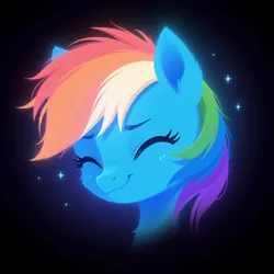 Size: 1560x1560 | Tagged: safe, ai content, derpibooru import, generator:bluefox mix, machine learning generated, prompter:adorablebluefox, stable diffusion, rainbow dash, pegasus, pony, :3, beautiful, black background, bust, cheek fluff, cute, dashabetes, ear fluff, eyes closed, female, g4, glow, image, mare, png, portrait, simple background, smiling, solo, upper body