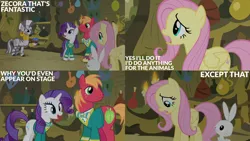 Size: 2000x1125 | Tagged: safe, derpibooru import, edit, edited screencap, editor:quoterific, screencap, big macintosh, fluttershy, rarity, zecora, earth pony, pegasus, pony, rabbit, unicorn, zebra, filli vanilli, animal, caption, clothes, female, g4, horn, image, male, mare, png, stallion, text, zecora's hut