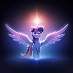 Size: 1702x1702 | Tagged: safe, ai content, derpibooru import, generator:bluefox mix, machine learning generated, prompter:adorablebluefox, stable diffusion, twilight sparkle, twilight sparkle (alicorn), alicorn, pony, female, g4, glow, glowing horn, gradient background, horn, image, looking at you, mare, png, smiling, smiling at you, solo, spread wings, walking towards you, wings