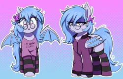 Size: 2180x1400 | Tagged: safe, artist:thebatfang, derpibooru import, oc, oc:lucky roll, unofficial characters only, bat pony, pony, :o, abstract background, bat pony oc, bat wings, bow, clothes, cute, duality, female, glasses, gradient background, hair bow, i'm with stupid, image, jacket, lidded eyes, looking at you, mare, ocbetes, open mouth, png, shirt, socks, solo, spread wings, starry eyes, striped socks, t-shirt, wingding eyes, wings