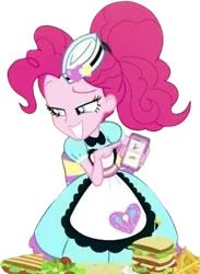 Size: 1843x2520 | Tagged: safe, artist:mrtoonlover83, derpibooru import, edit, edited screencap, screencap, pinkie pie, human, equestria girls, apron, background removed, bowtie, clothes, curly hair, eyebrows, female, g4, image, mobile phone, not a vector, phone, png, pointing, raised eyebrow, simple background, smartphone, smiling, solo, transparent background