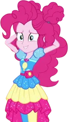 Size: 1398x2520 | Tagged: safe, artist:mrtoonlover83, derpibooru import, edit, edited screencap, screencap, pinkie pie, human, equestria girls, 2d, arm behind head, clothes, equestria girls specials, female, g4, geode of sugar bombs, hair bun, image, leggings, magical geodes, my little pony equestria girls: sunset's backstage pass, not a vector, png, pouch, sideburns, simple background, smiling, solo, transparent background, vector