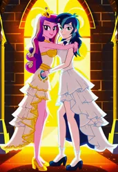 Size: 832x1216 | Tagged: safe, ai content, machine learning generated, prompter:tiamatnightmare, princess cadance, shining armor, human, church, clothes, dress, female, gleaming cadance, gleaming shield, half r63 shipping, hug, humanized, image, jpeg, lesbian, rule 63, shiningcadance, shipping, wedding dress