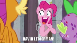 Size: 888x499 | Tagged: safe, derpibooru import, screencap, pinkie pie, smolder, spike, molt down, caption, faic, g4, here's johnny, image, image macro, imgflip, jpeg, reference to another series, simpsons did it, text, the simpsons