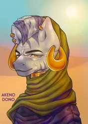 Size: 2480x3508 | Tagged: safe, artist:akenodono, derpibooru import, oc, unofficial characters only, earth pony, pony, zebra, equestria at war mod, background pony, bust, clothes, decoration, desert, ear piercing, earring, image, jewelry, piercing, png, portrait, solo, wilderness, zebra oc
