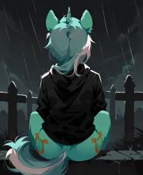 Size: 864x1056 | Tagged: source needed, safe, anonymous artist, derpibooru import, lyra heartstrings, fanfic:background pony, clothes, g4, graveyard, hoodie, image, png, rain, rear view, sitting