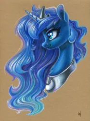 Size: 971x1300 | Tagged: safe, artist:maytee, derpibooru import, princess luna, alicorn, pony, bust, colored pencil drawing, g4, image, neck fluff, png, portrait, profile, smiling, solo, toned paper, traditional art