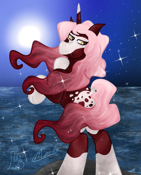 Size: 2627x3256 | Tagged: safe, artist:loopina, artist:maître cervidé, derpibooru import, oc, oc:exotic savannah, unofficial characters only, pony, unicorn, collaboration, flirting, horn, image, male, night, ocean, png, stallion, water