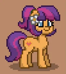 Size: 645x720 | Tagged: safe, derpibooru import, earth pony, pony, pony town, bandaid, brown background, cute, female, flower, flower in hair, image, maggie joy, mare, multicolored hair, png, ponytail, simple background