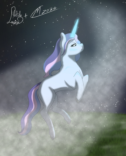 Size: 4000x4938 | Tagged: safe, artist:loopina, artist:maître cervidé, derpibooru import, unicorn, concave belly, female, frost, grass, horn, image, jpeg, levitation, magic, night, signature, solo, stars, telekinesis, wind