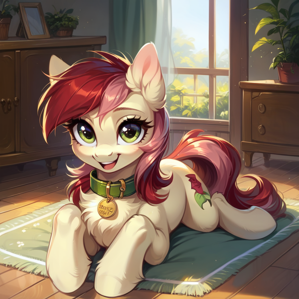 Size: 1024x1024 | Tagged: safe, ai content, derpibooru import, machine learning generated, prompter:doom9454, stable diffusion, roseluck, earth pony, pony, chest fluff, collar, cute, ear fluff, fluffy, generator:pony diffusion v6 xl, image, indoors, looking at you, lying down, open mouth, open smile, pet tag, png, pony pet, rosepet, smiling