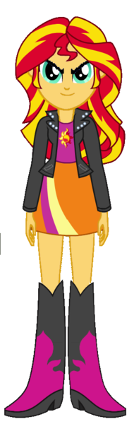 Size: 309x975 | Tagged: safe, artist:qbert2kcat, derpibooru import, sunset shimmer, human, equestria girls, boots, clothes, female, g4, high heel boots, image, jacket, looking at you, my little pony equestria girls, png, shirt, shoes, simple background, skirt, smiling, transparent background