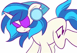 Size: 2048x1410 | Tagged: safe, artist:squidbly, derpibooru import, vinyl scratch, pony, unicorn, female, floppy ears, g4, glasses, headphones, horn, image, jpeg, mare, simple background, smiling, solo, trotting, vinyl's glasses, white background