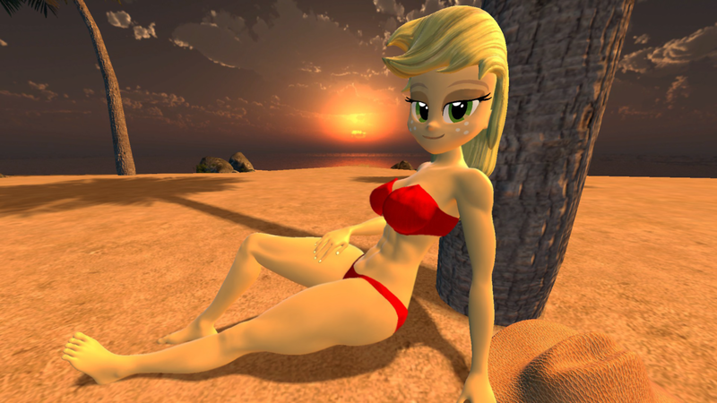 Size: 1920x1080 | Tagged: suggestive, artist:oatmeal!, derpibooru import, applejack, human, equestria girls, 3d, abs, beach, bedroom eyes, bikini, breasts, cleavage, clothes, female, g4, gmod, hat, hat off, image, looking at you, muscles, muscular female, ocean, png, raised leg, sexy, sitting, solo, strapless, sunset, swimsuit, water