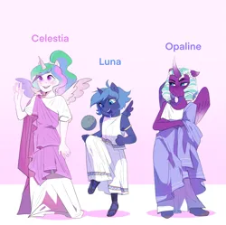 Size: 1965x1959 | Tagged: safe, artist:aztrial, derpibooru import, princess celestia, princess luna, alicorn, anthro, plantigrade anthro, g5, alternate universe, clothes, female, g4, horn, image, opaline arcana, png, royal sisters, siblings, sisters, toga, trio, wall of text in the description, wings, younger