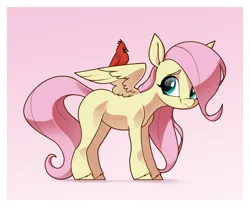 Size: 2701x2239 | Tagged: safe, artist:aquaticvibes, derpibooru import, fluttershy, bird, pegasus, pony, blank flank, colored eyebrows, eyebrows, eyelashes, female, filly, filly fluttershy, foal, g4, high res, image, looking at something, partially open wings, passepartout, png, shadow, simple background, smiling, solo, standing, unshorn fetlocks, white background, wings, younger