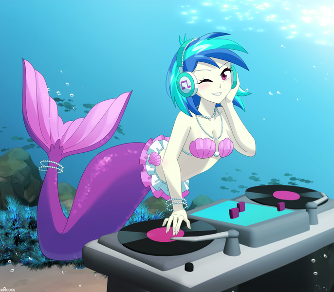 Size: 1200x1050 | Tagged: safe, artist:riouku, derpibooru import, vinyl scratch, fish, mermaid, equestria girls, blushing, bra, bracelet, breasts, bubble, clothes, coral, crepuscular rays, cute, digital art, dorsal fin, eyelashes, female, fin, fish tail, flowing mane, flowing tail, g4, grin, happy, headphones, image, jewelry, looking at you, mermaidized, mermay, necklace, ocean, one eye closed, pearl bracelet, pearl necklace, pink eyes, png, scales, seashell, seashell bra, seaweed, smiling, smiling at you, solo, species swap, sunlight, swimming, tail, tail jewelry, turntable, underwater, underwear, water, wink, winking at you